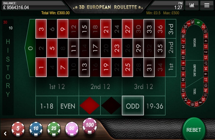 3D European Roulette screen 3